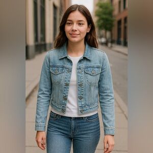 LEI Light Wash Fitted Denim Jacket Women’s Size Medium Distressed Western Y2K